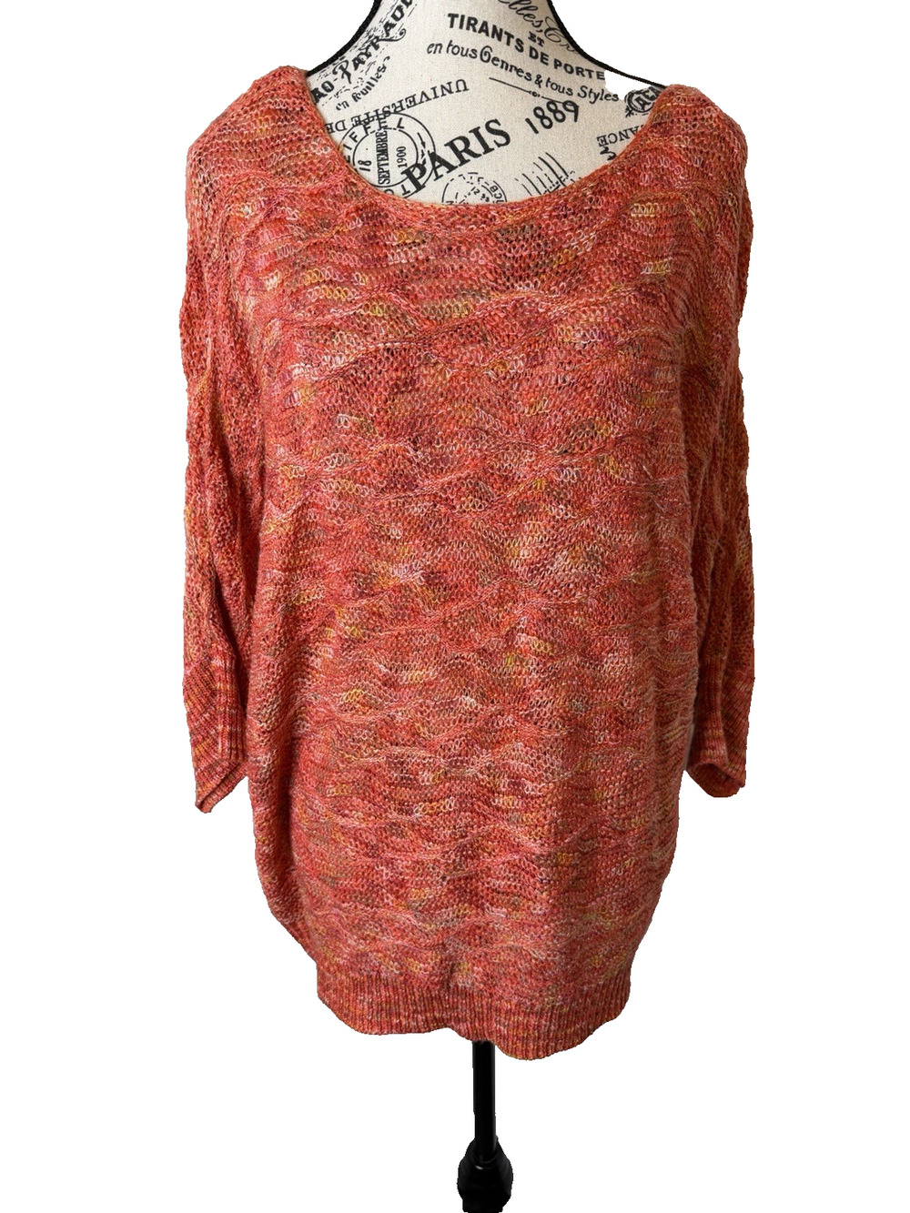 Dress Barn Women’s Sweater Large 3/4 Sleeve Loose Knit Coral Multicolor